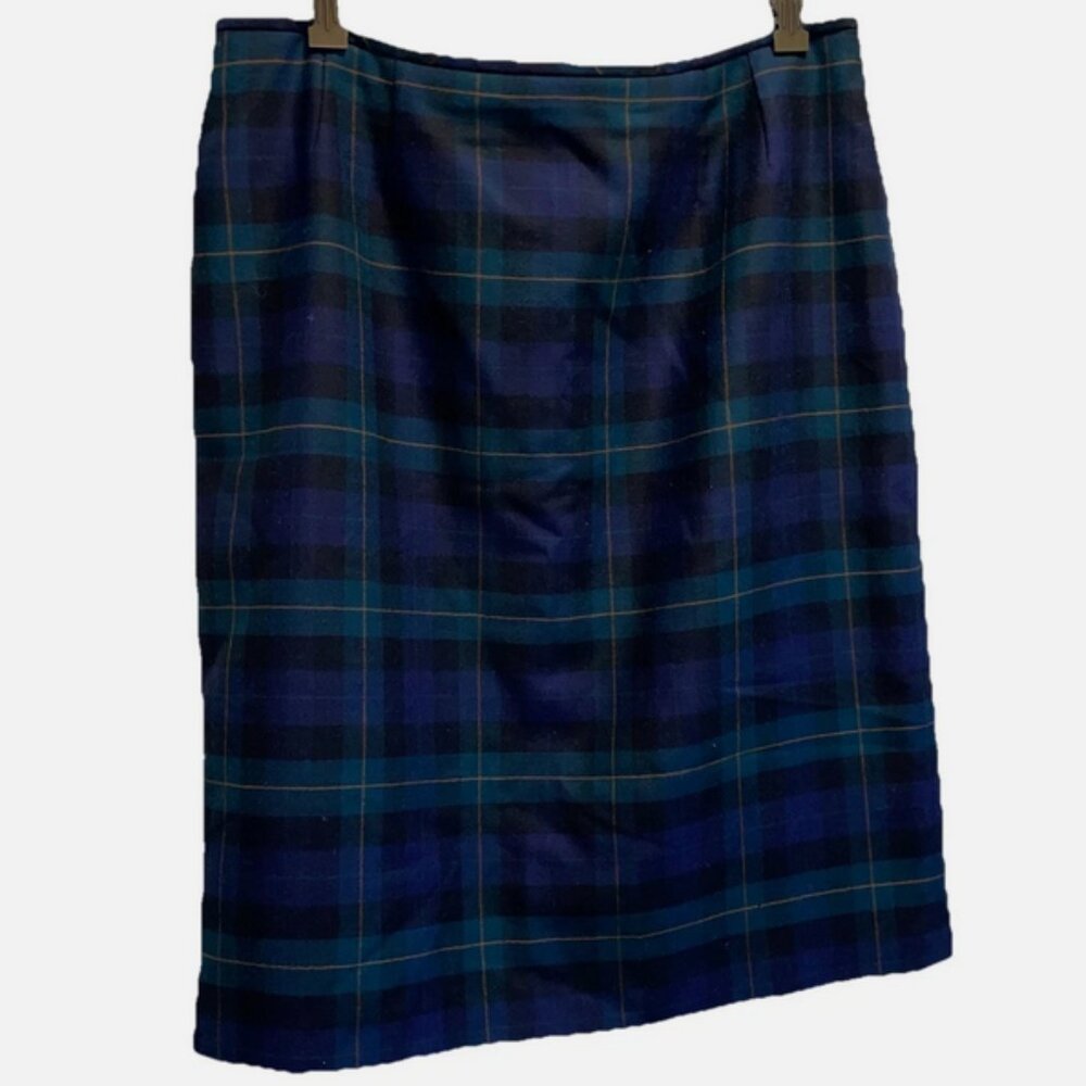 Vintage Kasper Wool Plaid Skirt Black Green Navy & Green Size 16 Blackwatch